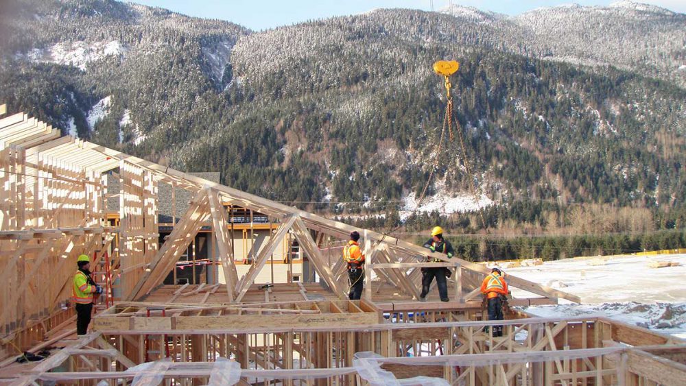 The Falls Cheakamus tilt-up concrete construction in Whistler, including steel and wood framing